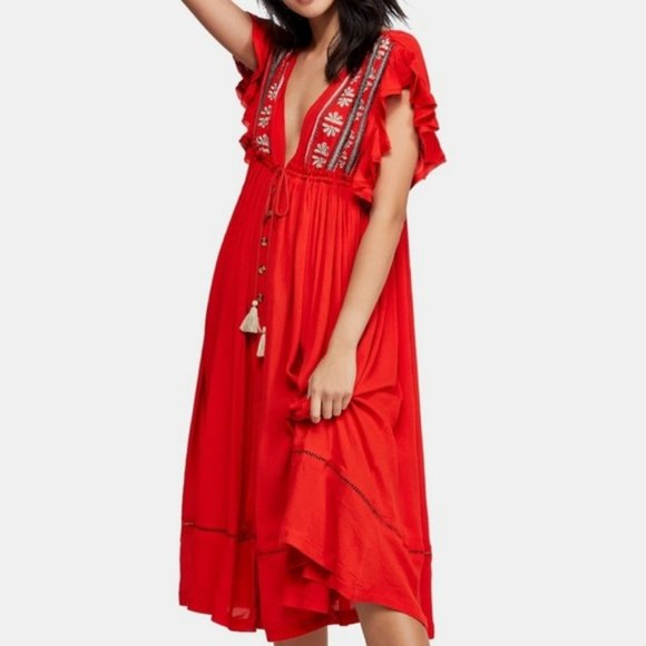 Free People Dresses & Skirts - Free People Will Wait For You Red Embroidered Ruffle Sleeve Button Front Midi